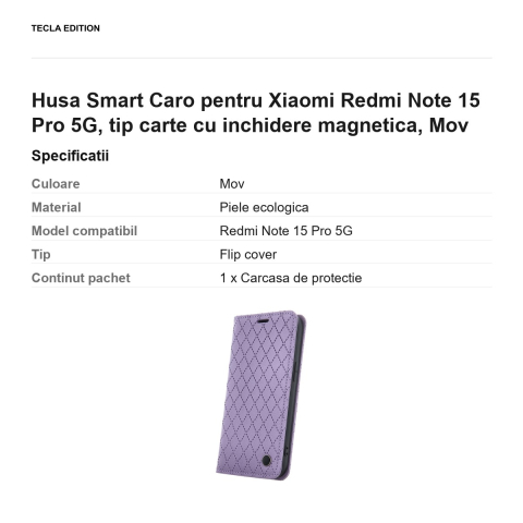 Husa Smart Caro pentru Xiaomi Redmi Note 15 Pro 5G, tip carte cu inchidere magnetica, Mov [2]