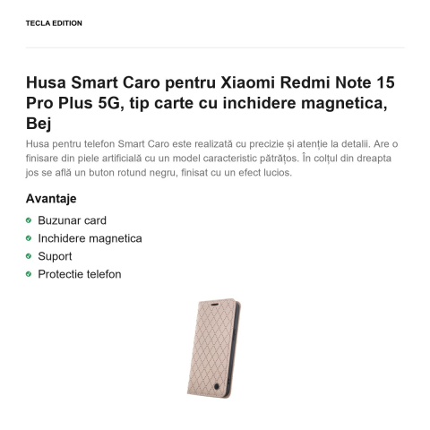Husa Smart Caro pentru Xiaomi Redmi Note 15 Pro Plus 5G, tip carte cu inchidere magnetica, Bej [1]