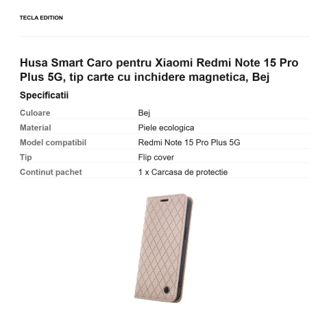 Husa Smart Caro pentru Xiaomi Redmi Note 15 Pro Plus 5G, tip carte cu inchidere magnetica, Bej [2]