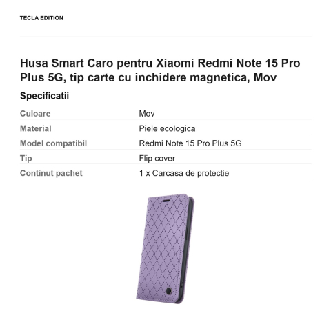 Husa Smart Caro pentru Xiaomi Redmi Note 15 Pro Plus 5G, tip carte cu inchidere magnetica, Mov [2]