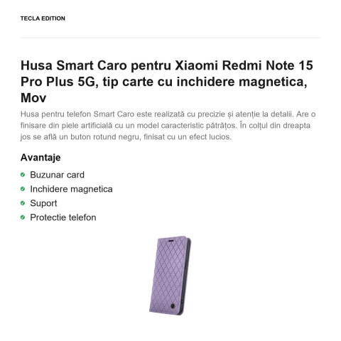 Husa Smart Caro pentru Xiaomi Redmi Note 15 Pro Plus 5G, tip carte cu inchidere magnetica, Mov [1]