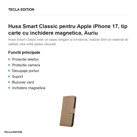 Husa Smart Classic pentru Apple iPhone 17, tip carte cu inchidere magnetica, Auriu [1]