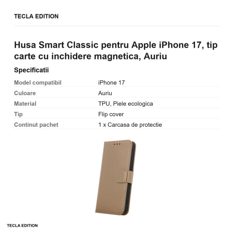 Husa Smart Classic pentru Apple iPhone 17, tip carte cu inchidere magnetica, Auriu [2]