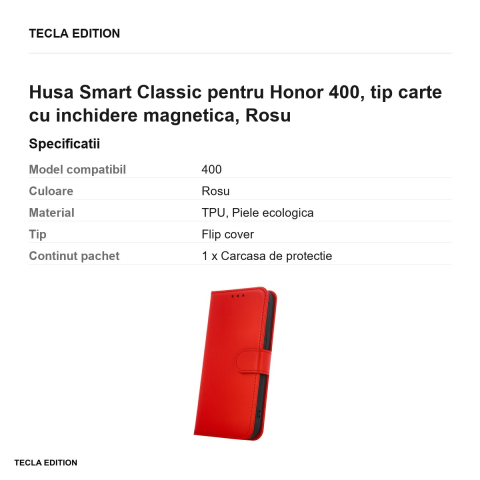 Husa Smart Classic pentru Honor 400, tip carte cu inchidere magnetica, Rosu [2]