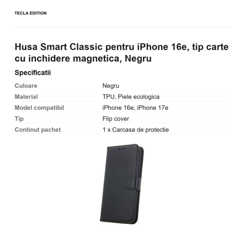 Husa Smart Classic pentru iPhone 16e, tip carte cu inchidere magnetica, Negru [2]