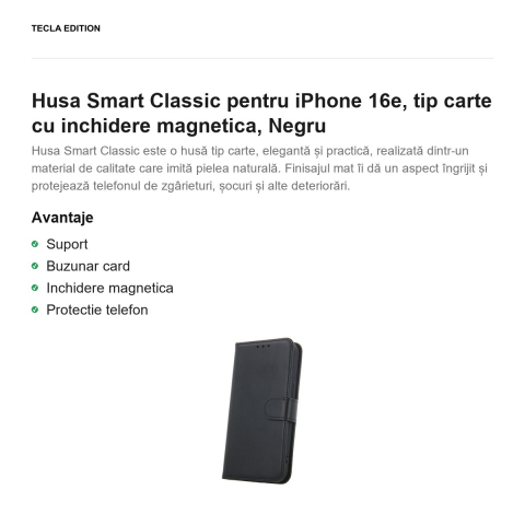 Husa Smart Classic pentru iPhone 16e, tip carte cu inchidere magnetica, Negru [1]