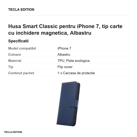 Husa Smart Classic pentru iPhone 7, tip carte cu inchidere magnetica, Albastru [2]