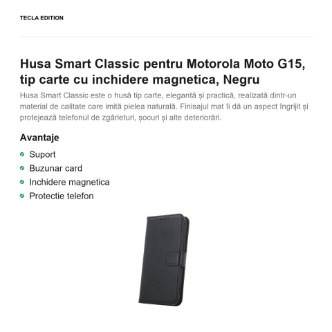 Husa Smart Classic pentru Motorola Moto G15, tip carte cu inchidere magnetica, Negru [1]