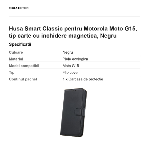 Husa Smart Classic pentru Motorola Moto G15, tip carte cu inchidere magnetica, Negru [2]