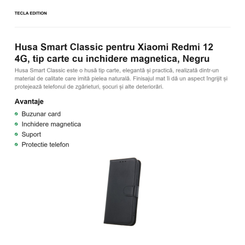 Husa Smart Classic pentru Xiaomi Redmi 12 4G, tip carte cu inchidere magnetica, Negru [1]