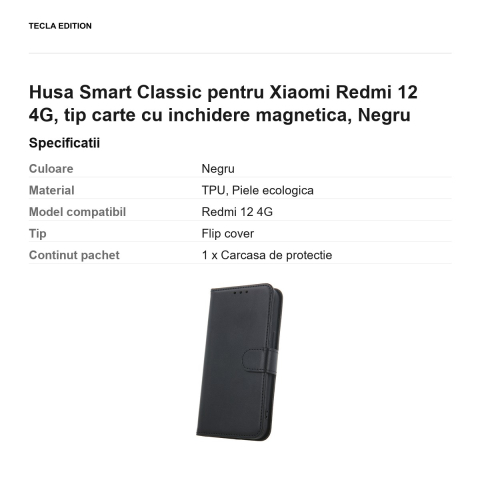 Husa Smart Classic pentru Xiaomi Redmi 12 4G, tip carte cu inchidere magnetica, Negru [2]