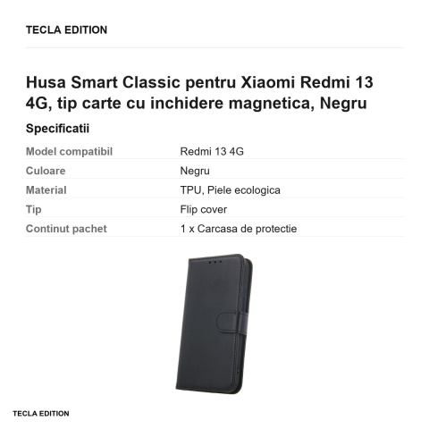Husa Smart Classic pentru Xiaomi Redmi 13 4G, tip carte cu inchidere magnetica, Negru [2]