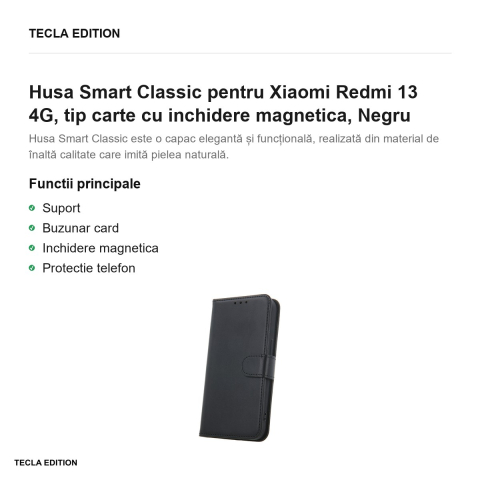 Husa Smart Classic pentru Xiaomi Redmi 13 4G, tip carte cu inchidere magnetica, Negru [1]