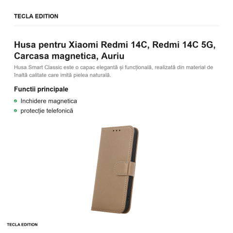 Husa Smart Classic pentru Xiaomi Redmi 14C, Redmi 14C 5G, tip carte cu inchidere magnetica, Auriu [1]
