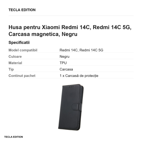 Husa Smart Classic pentru Xiaomi Redmi 14C, Redmi 14C 5G, tip carte cu inchidere magnetica, Negru [2]