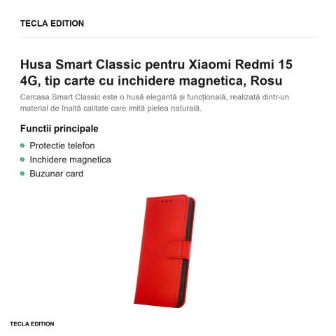 Husa Smart Classic pentru Xiaomi Redmi 15 4G, tip carte cu inchidere magnetica, Rosu [1]