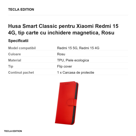 Husa Smart Classic pentru Xiaomi Redmi 15 4G, tip carte cu inchidere magnetica, Rosu [2]