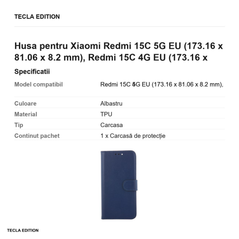 Husa Smart Classic pentru Xiaomi Redmi 15C 5G EU, Redmi 15C 4G EU, tip carte cu inchidere magnetica, Albastru [2]
