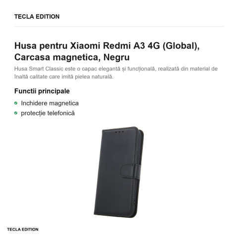 Husa Smart Classic pentru Xiaomi Redmi A3 4G (Global), tip carte cu inchidere magnetica, Negru [1]