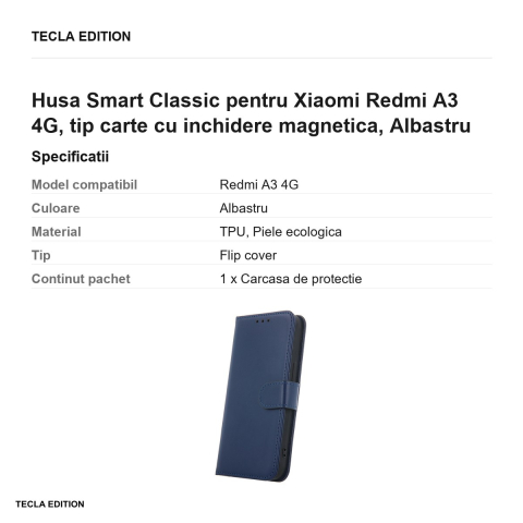 Husa Smart Classic pentru Xiaomi Redmi A3 4G, tip carte cu inchidere magnetica, Albastru [2]