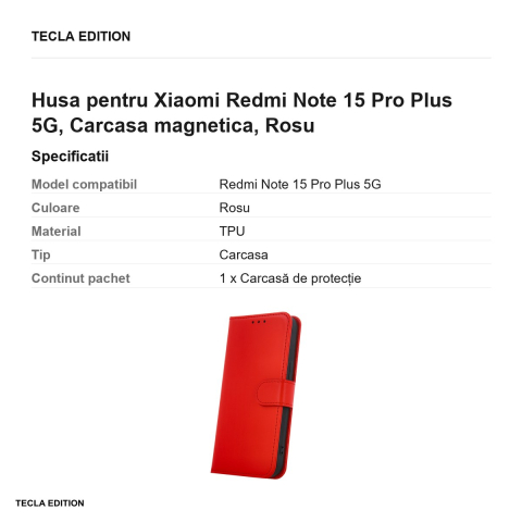 Husa Smart Classic pentru Xiaomi Redmi Note 15 Pro Plus 5G, tip carte cu inchidere magnetica, Rosu [2]
