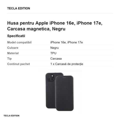 Husa Smart Diva pentru Apple iPhone 16e, iPhone 17e, tip carte cu inchidere magnetica, Negru [2]