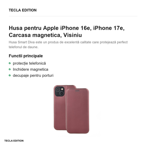 Husa Smart Diva pentru Apple iPhone 16e, iPhone 17e, tip carte cu inchidere magnetica, Visiniu [1]