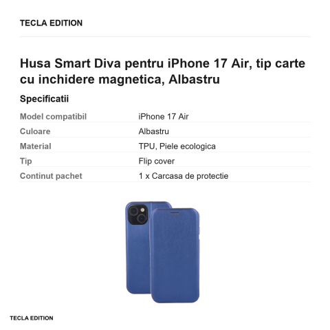 Husa Smart Diva pentru iPhone 17 Air, tip carte cu inchidere magnetica, Albastru [2]