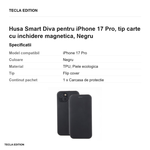 Husa Smart Diva pentru iPhone 17 Pro, tip carte cu inchidere magnetica, Negru [2]