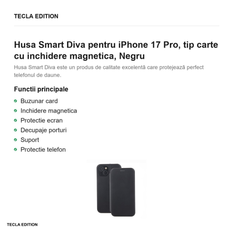 Husa Smart Diva pentru iPhone 17 Pro, tip carte cu inchidere magnetica, Negru [1]