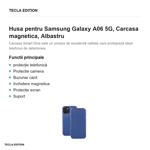 Husa Smart Diva pentru Samsung Galaxy A06 5G, tip carte cu inchidere magnetica, Albastru [1]
