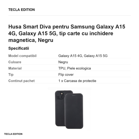 Husa Smart Diva pentru Samsung Galaxy A15 4G, Galaxy A15 5G, tip carte cu inchidere magnetica, Negru [2]