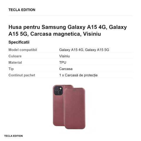 Husa Smart Diva pentru Samsung Galaxy A15 4G, Galaxy A15 5G, tip carte cu inchidere magnetica, Visiniu [2]