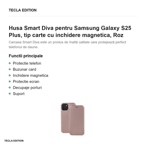 Husa Smart Diva pentru Samsung Galaxy S25 Plus, tip carte cu inchidere magnetica, Roz [1]