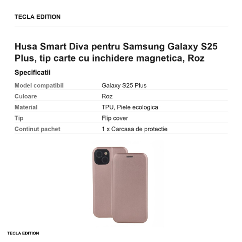 Husa Smart Diva pentru Samsung Galaxy S25 Plus, tip carte cu inchidere magnetica, Roz [2]