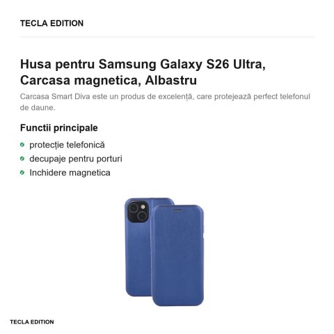 Husa Smart Diva pentru Samsung Galaxy S26 Ultra, tip carte cu inchidere magnetica, Albastru [1]