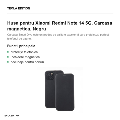 Husa Smart Diva pentru Xiaomi Redmi Note 14 5G, tip carte cu inchidere magnetica, Negru [1]