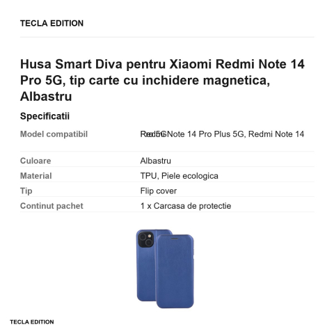 Husa Smart Diva pentru Xiaomi Redmi Note 14 Pro 5G, tip carte cu inchidere magnetica, Albastru [2]