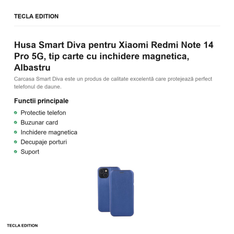Husa Smart Diva pentru Xiaomi Redmi Note 14 Pro 5G, tip carte cu inchidere magnetica, Albastru [1]