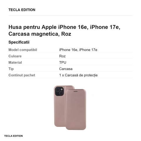 Husa Smart Diva rose pentru Apple iPhone 16e, iPhone 17e, tip carte cu inchidere magnetica, Roz [2]