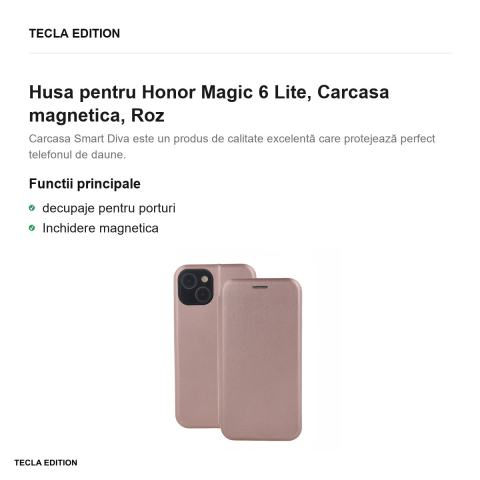 Husa Smart Diva rose pentru Honor Magic 6 Lite, tip carte cu inchidere magnetica, Roz [1]
