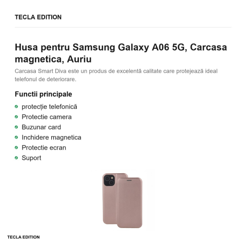 Husa Smart Diva rose pentru Samsung Galaxy A06 5G, tip carte cu inchidere magnetica, Rose Gold Metallic [1]