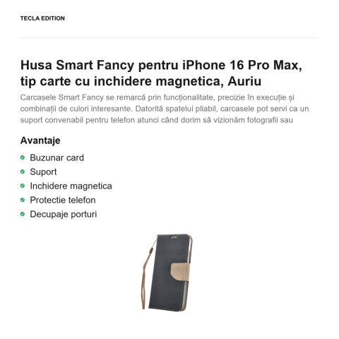 Husa Smart Fancy pentru iPhone 16 Pro Max, tip carte cu inchidere magnetica, Auriu [1]