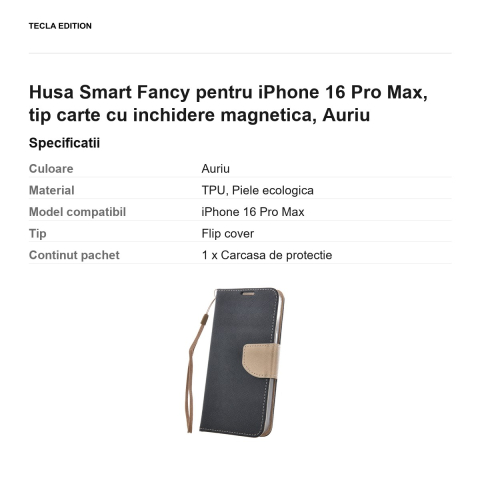 Husa Smart Fancy pentru iPhone 16 Pro Max, tip carte cu inchidere magnetica, Auriu [2]