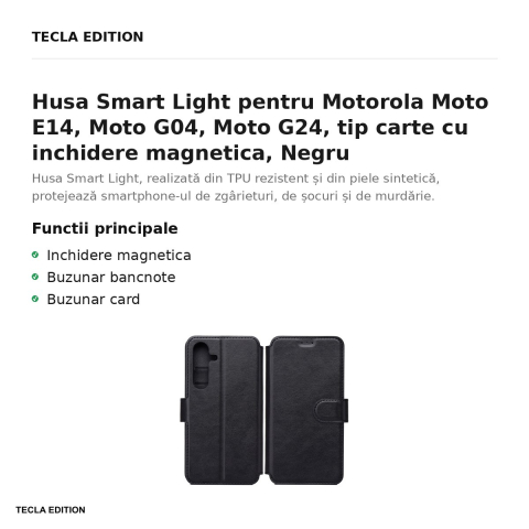 Husa Smart Light pentru Motorola Moto E14, Moto G04, Moto G24, tip carte cu inchidere magnetica, Negru [1]