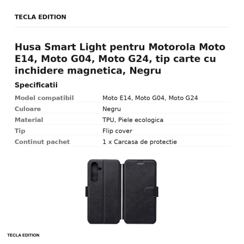Husa Smart Light pentru Motorola Moto E14, Moto G04, Moto G24, tip carte cu inchidere magnetica, Negru [2]
