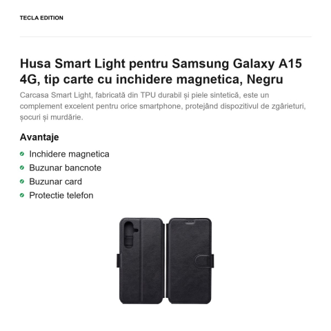Husa Smart Light pentru Samsung Galaxy A15 4G, tip carte cu inchidere magnetica, Negru [1]