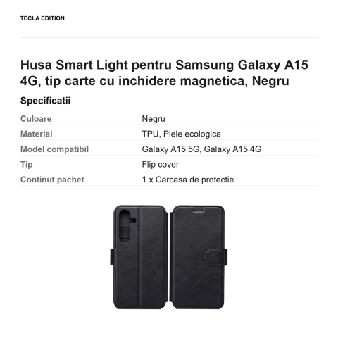 Husa Smart Light pentru Samsung Galaxy A15 4G, tip carte cu inchidere magnetica, Negru [2]