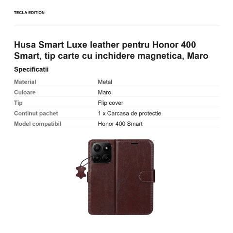 Husa Smart Luxe leather pentru Honor 400 Smart, tip carte cu inchidere magnetica, Maro [2]