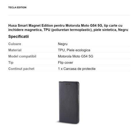 Husa Smart Magnet Edition pentru Motorola Moto G54 5G, tip carte cu inchidere magnetica, TPU (poliuretan termoplastic), piele sintetica, Negru [2]